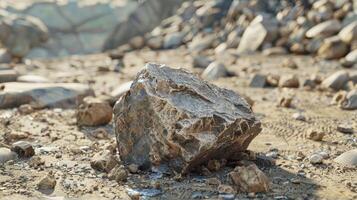 A rock is sitting on the ground in a desert photo