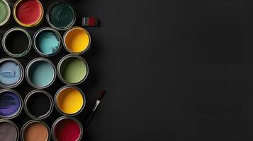 un variedad de pintar latas y cepillos en un negro antecedentes foto