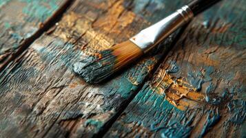 A paint brush on a wooden surface photo