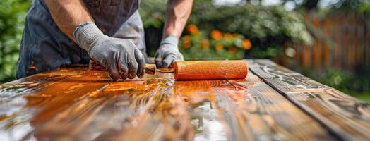 A man in gloves and apron is painting a wooden table photo