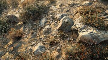 A desert with rocks and plants on it photo