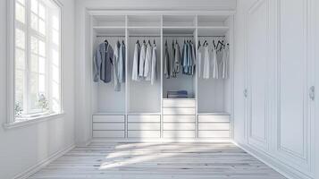A white room with a closet and clothes on the shelves photo
