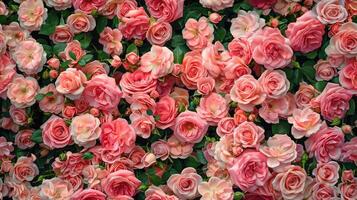 A large group of pink roses are growing in the garden photo