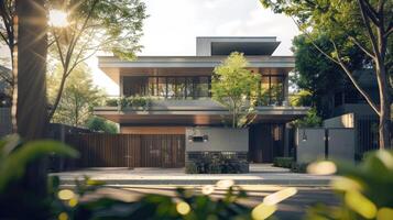 Modern house with trees and grass in the background photo