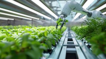 A robot is working on a plant in a greenhouse photo