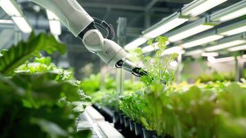 A robot is working on plants in a greenhouse photo