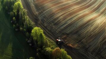 Aerial view of tractor plowing field photo