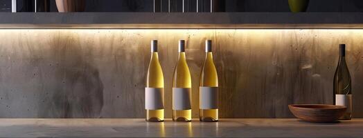 Three wine bottles sit on a counter next to a shelf photo