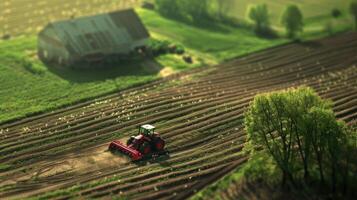 A tractor is working in a field near a barn photo