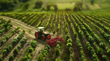 A tractor is driving through a vineyard photo
