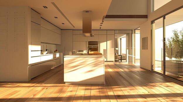 A kitchen with a large island and a view of the outside photo