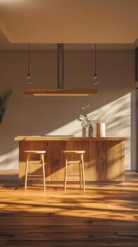 A kitchen with wooden floors and a large window photo
