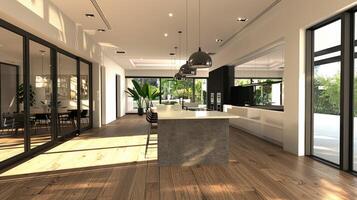 A kitchen with a large island and wooden flooring photo