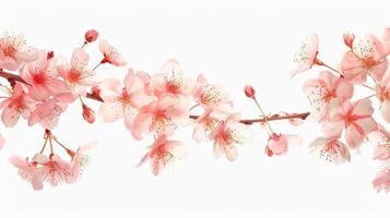 A pink cherry blossom branch is shown on a white background photo