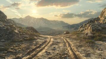 A car is driving down a dirt road in the mountains photo