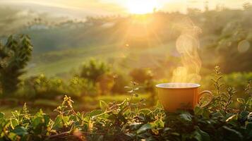 Coffee cup on the hillside at sunrise photo