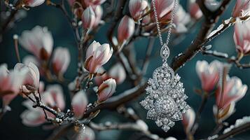 A diamond necklace on a tree branch with flowers photo