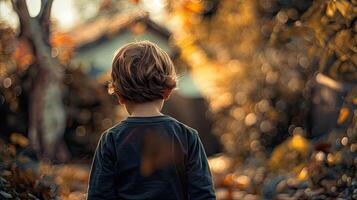 A young boy standing in the middle of a field photo