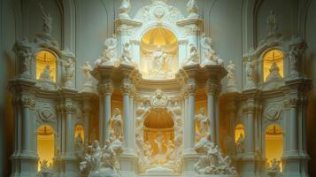 A large white altar with statues and lights photo