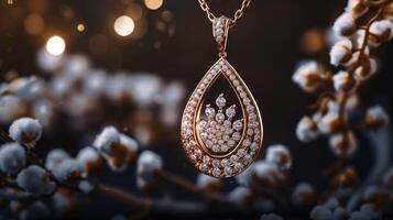 A diamond pendant on a branch of cotton photo