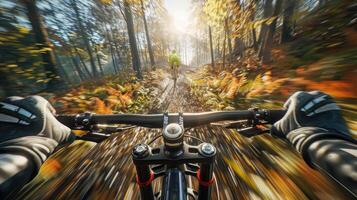 A person riding a mountain bike through a forest photo