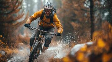 A man riding a mountain bike through the woods photo