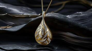 A gold and diamond pendant on a black cloth photo