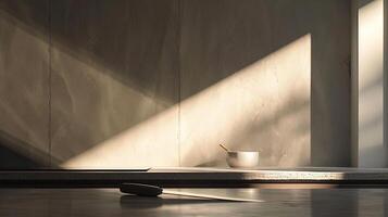 A coffee cup sitting on a table in front of a window photo