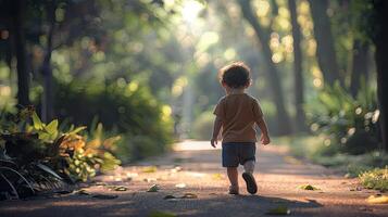 A young boy walking down a path in the woods photo