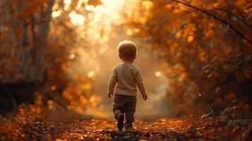 A young child walking through the woods at sunset photo