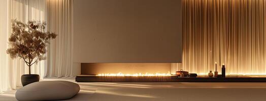 A modern living room with a fireplace and a large plant photo