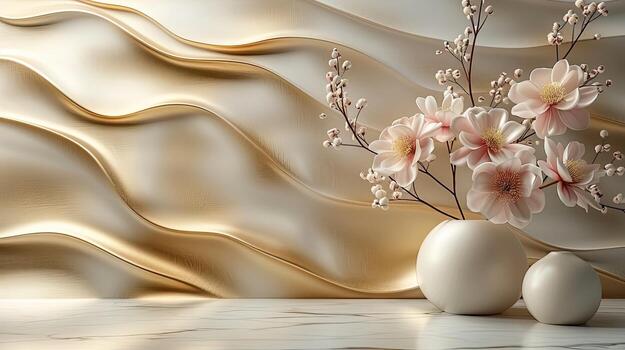 A vase with flowers on a table with a wall photo