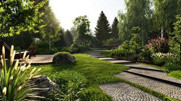 A garden with a stone path and lawn photo