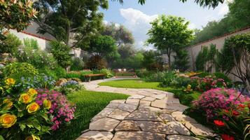 A garden with a stone path and flowers photo