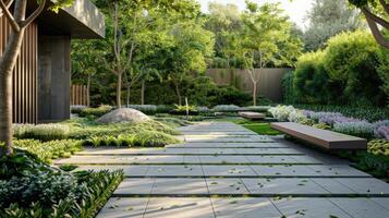 A modern garden with a walkway and trees photo