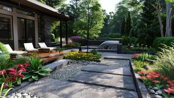 A garden with a stone walkway and a lawn photo