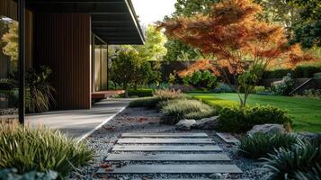 A modern garden with a stone walkway photo