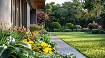 A beautiful garden with flowers and grass photo