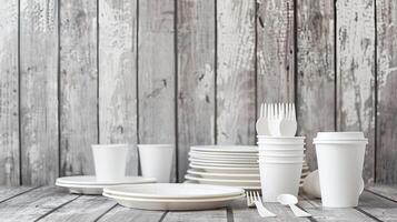 White disposable plates and cups on wooden table photo