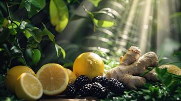 Lemon, blackberries, ginger, and other fruits photo