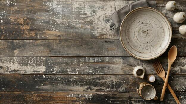 un de madera mesa con un lámina, tenedor y cuchillo foto