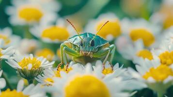 Close-up of a green beetle on flowers photo