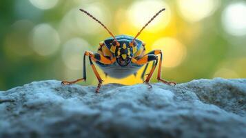 A close-up of a colorful insect on a rock photo