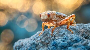 Close-up of a cricket sitting on a rock photo