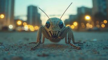A close-up of a grasshopper on the ground at dusk photo