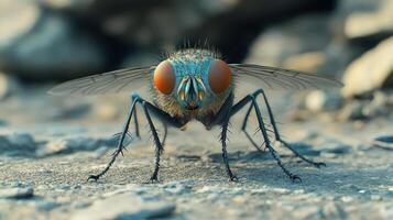 A close-up of a blue insect with large wings and eyes. photo