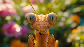 Close-up of a praying mantis on a branch photo