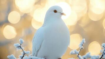 White dove standing on snow-covered branches. photo