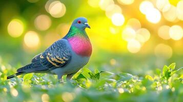 Bird with colorful feathers standing on grass photo