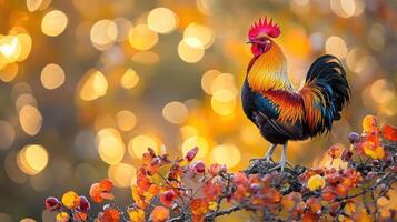 A colorful rooster perched on a branch with red leaves. photo